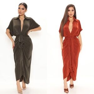 (Set of 2) Fashion Nova City Mood Slinky Midi Dress Rust & Green Size Medium